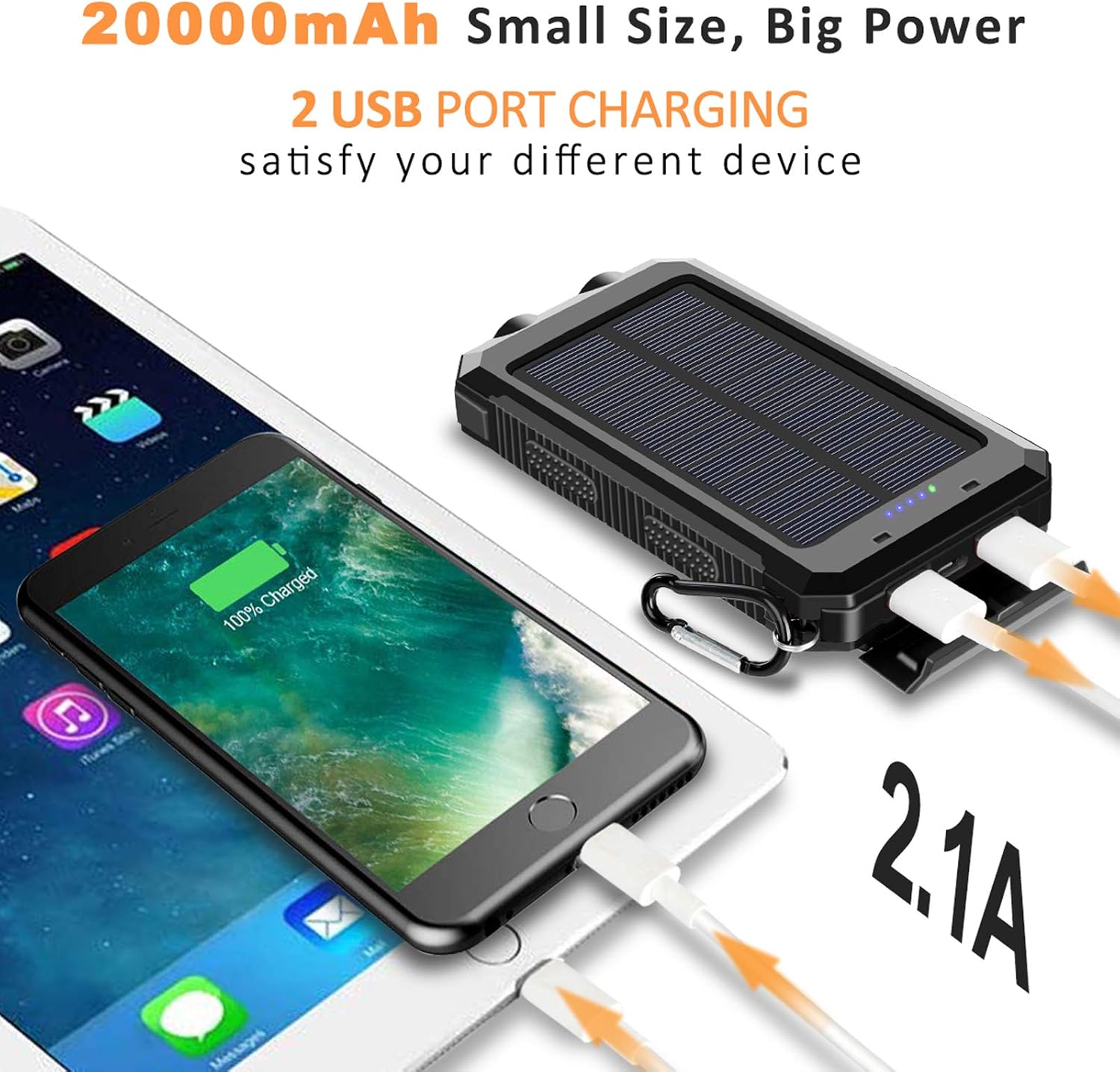 Solar Charger, 20000mAh Solar Power Bank for Camping Outdoor, with 2 Led Flashlight and 2 USB Output Ports, Portable Solar Battery Charger for Cell Phone (iPhone Ipad Android): Electronics