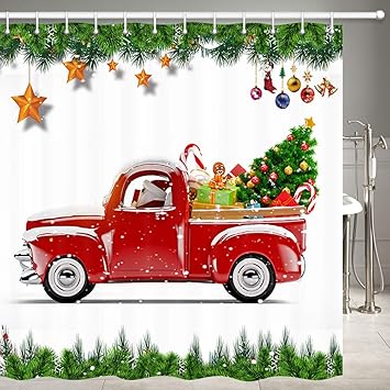 Vintage Pickup Truck With Christmas Tree Curtain Shower Bathroom Decor Fabric Garden Curtains 3pteb My