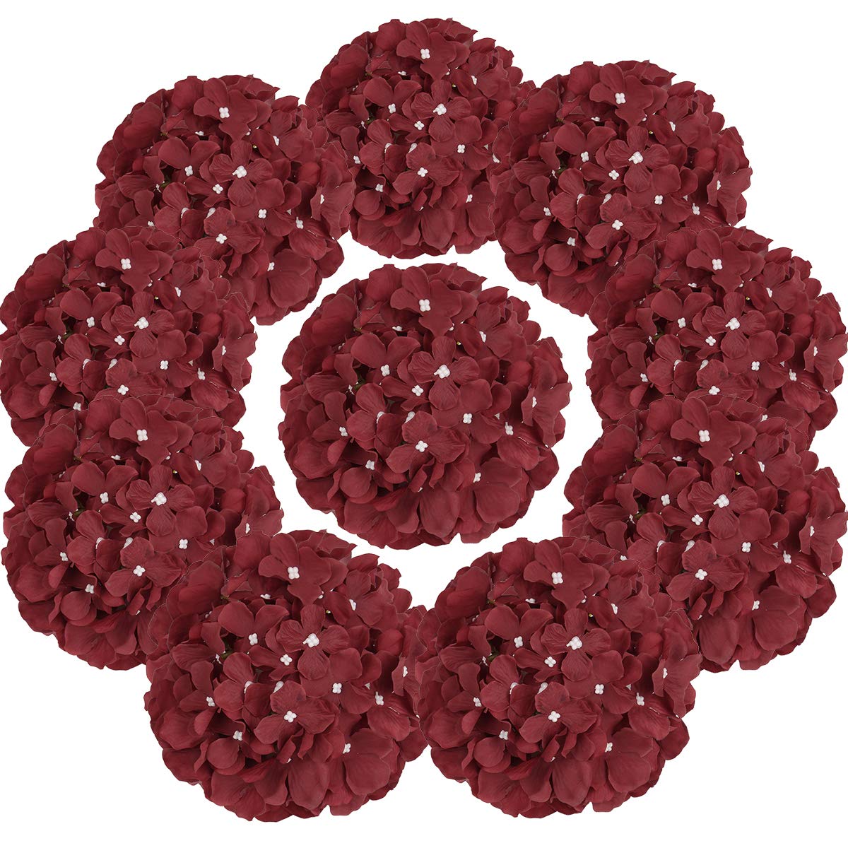 Flojery Silk Hydrangea Heads with Stems Artificial Flowers Heads for Home Wedding Decor,Pack of 10 (Wine Red)