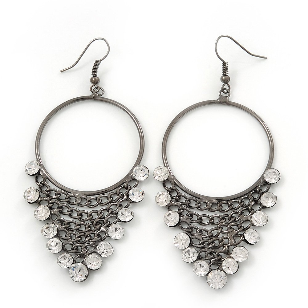 Clear Crystal Chain Hoop Earrings/Gun Metal/ 8cm L