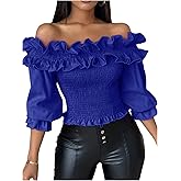 Floerns Women's Ruffle Trim Off Shoulder Flounce Sleeve Shirred Blouse Top Deep Blue