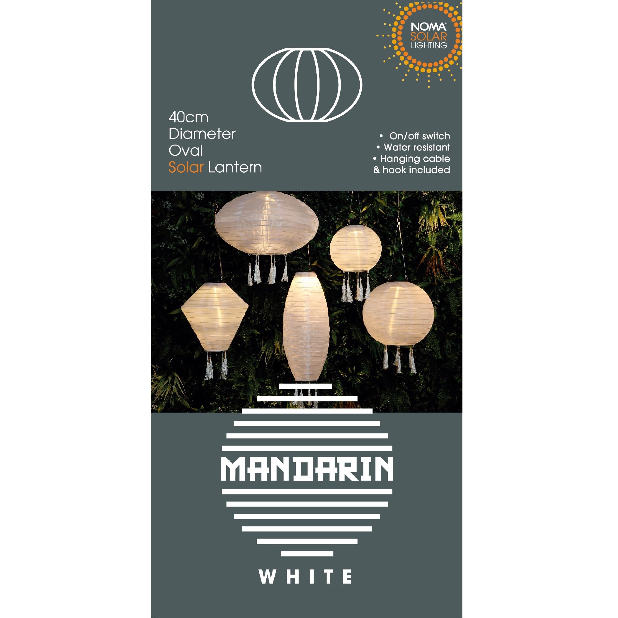 NOMA White Solar Mandarin Lantern, Oval with Tassels, 40 cm