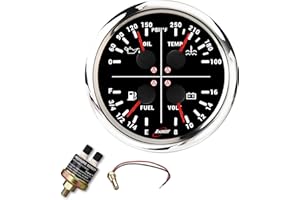 RACETECH 110mm (4-3/8") 4in1 Multi-Gauge – Oil Pressure Water Temp Fuel Level Voltmeter – 7Color LED Black Dial IP67 Waterpro