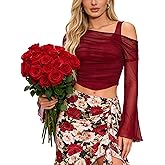 OYOANGLE Women's Long Bell Sleeve 2 in 1 Mesh Tshirts Off The Shoulder Asymmetrical Hem Ruched Party Top