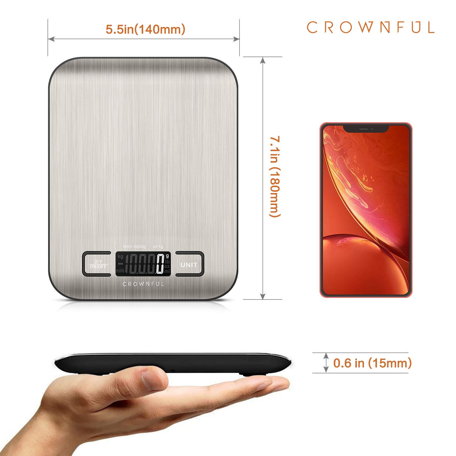 Crownful Digital Food Scales, 11lb Kitchen Scale Weight Grams and Ounces for Cooking and Baking, 5 Units with Tare Function (Batteries Included): Industrial & Scientific
