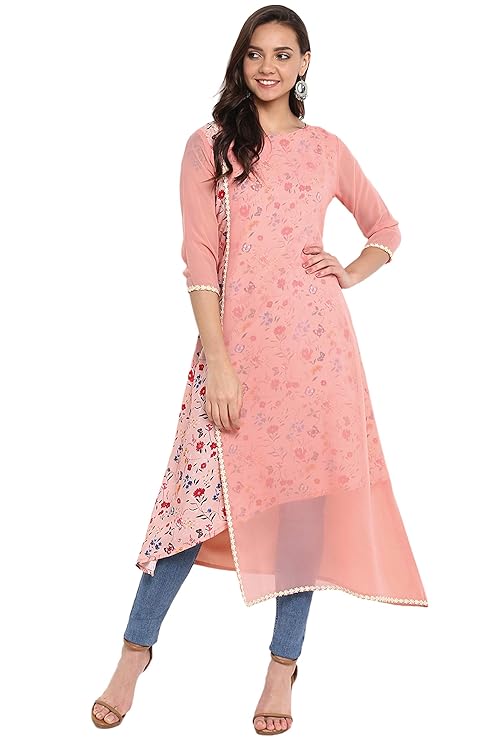Women's Pink Poly Crepe A-line Layered Kurta