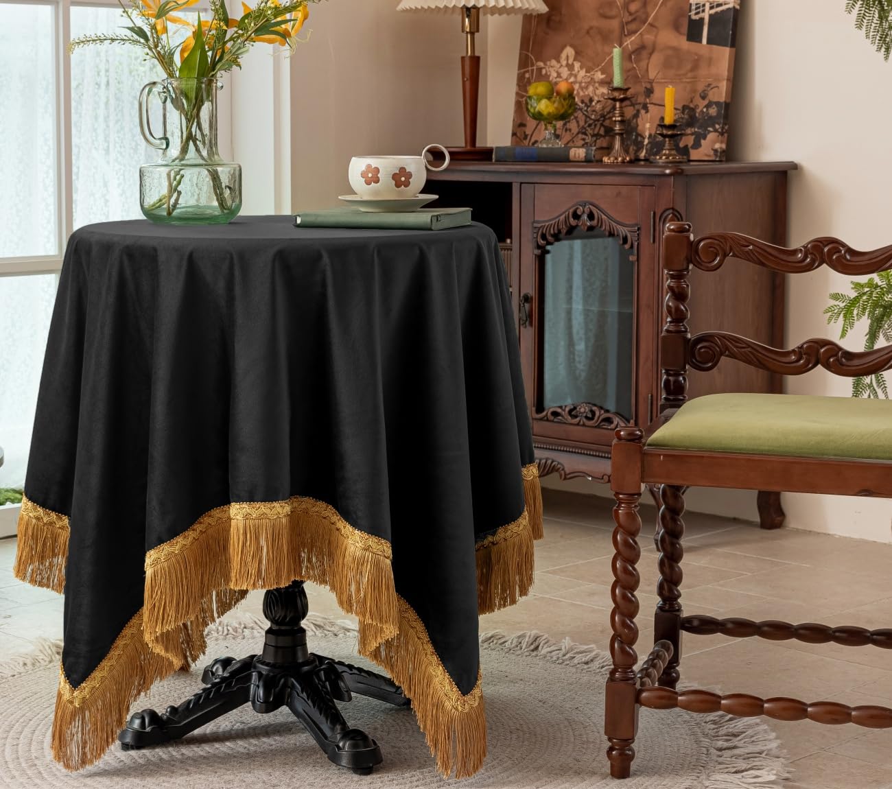 Photo 1 of F-CHU Small Square Tablecloths 36 x 36 Inch Velvet Tablecloth Solid Black Small Round Table Cover for Nightstand End Bedside Table Tabletop Decoration?Black Tablecloth