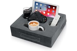 STBoo Couch Cup Holder Pillow - Sofa Drink Cup Holder Cozy Buddy | Bed Caddy Organizer Holds Remote, Snacks, Phones, Tablet | Waterproof Anti-Spill Sofa Beverage Tray for Car, Beach, RV, Boat (Grey)