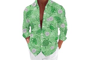 xoxingysm Graphic Button Down Tee Shirts for Men Long Sleeve Roll Up Wrinkle Free Summer Floral Turtle Print Vacation Tee Top