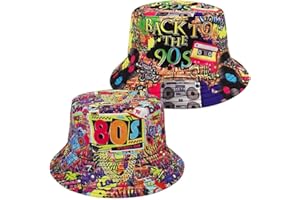 BAOZOON 2 Pcs Retro 80s 90s Bucket Hat for Women Men Vintage Print Fisherman Hat Reversible Outdoor Sun Cap for Hip hop Party