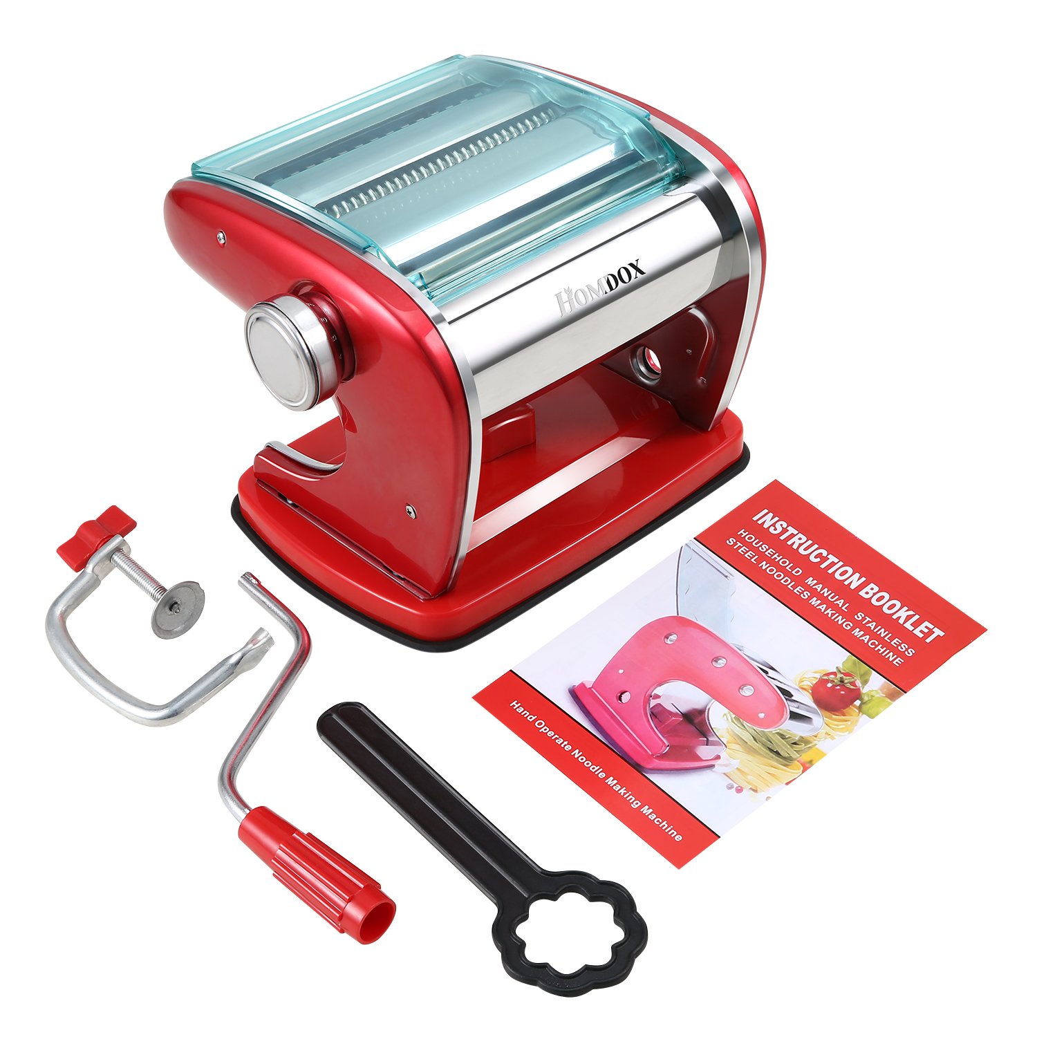 SAILNOVO Stainless Steel Noodles Machine, Red Pasta Dough Roller with Suction Base, Hand Crank and Clamp, 2 Blades for Spaghetti and Fettuccine