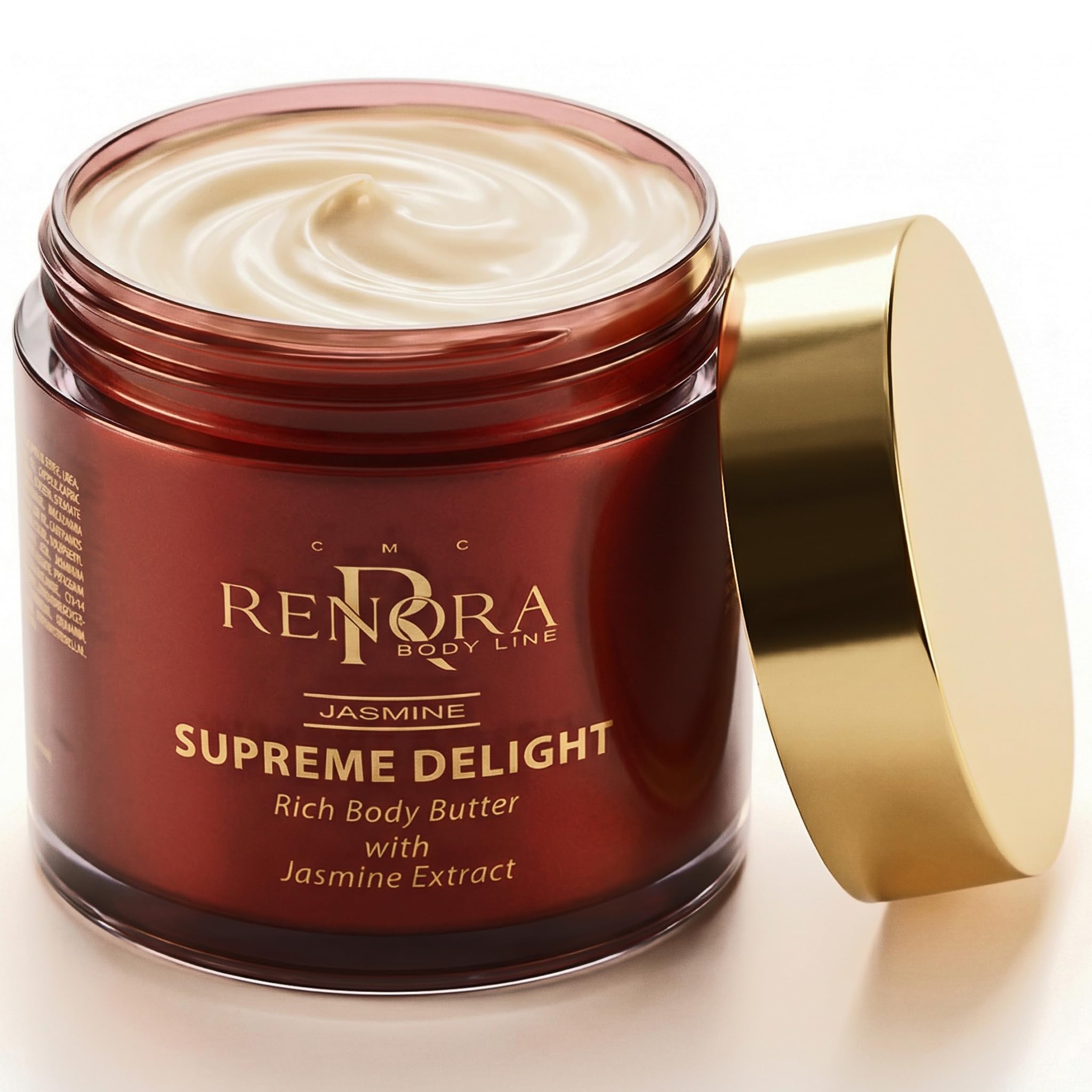 RENORA Natural Body Butter for Women with Almond Oil, Hyaluronic Acid & Vitamins - 200ml Whipped Shea Butter Body Moisturiser for Dry Skin, Long-Lasting Hydration & Deep Nourishment - Jasmine Scented