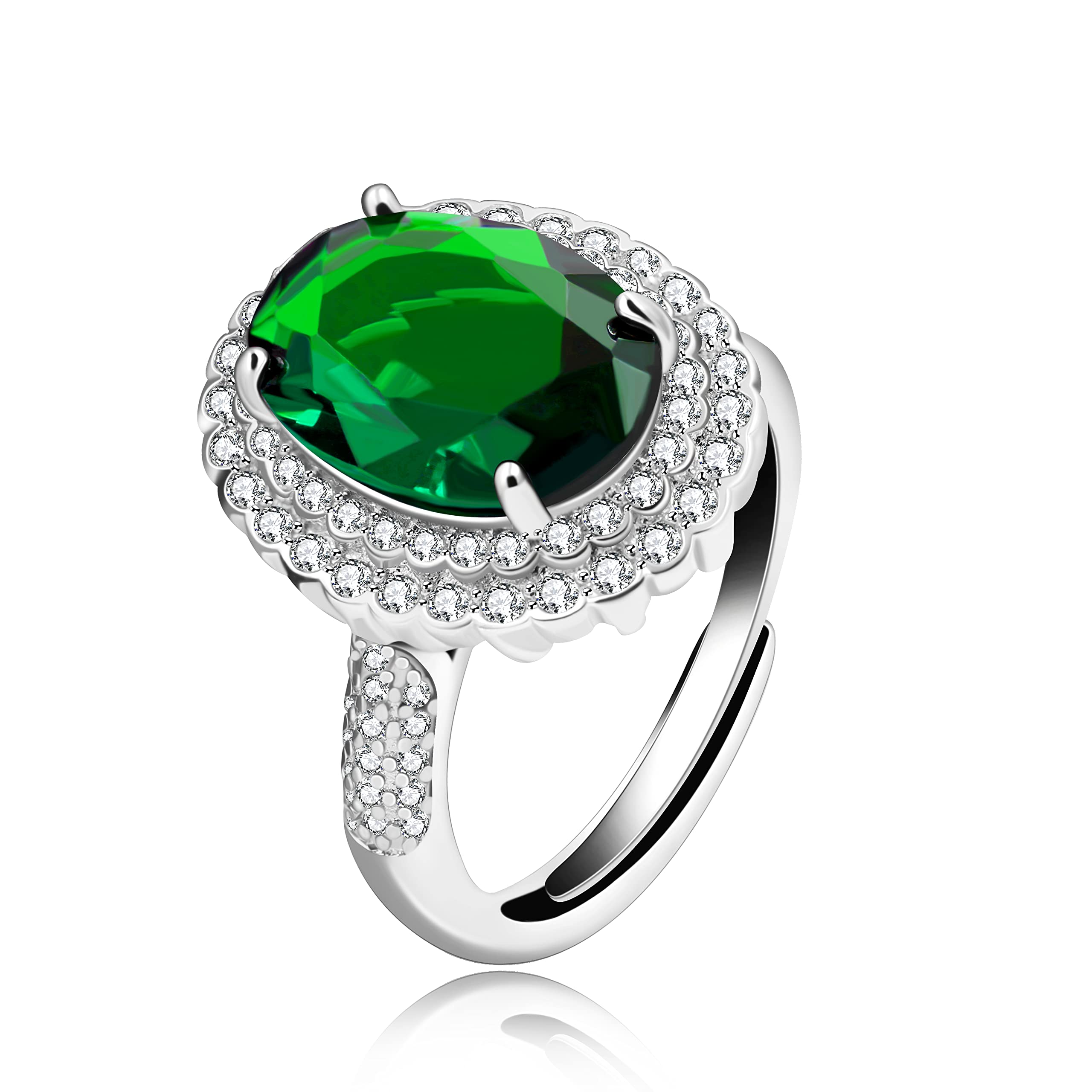 Uloveido Created Emerald Oval Stone Rings Wedding for Women, Adjustable Open Size, Green CZ Engagement Jewelry Y664 (Green)