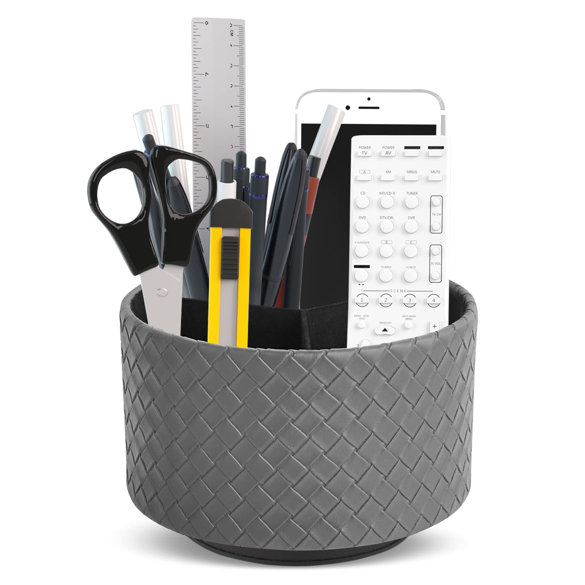 Czzmy Round Leather Art Supply Organizer,Remote Control Holder with Adjustable Divider,360 Degree Spinning,Multi-Functional Pencil Holder,4 Compartments Desktop Stationary Organizer(1-Grey)