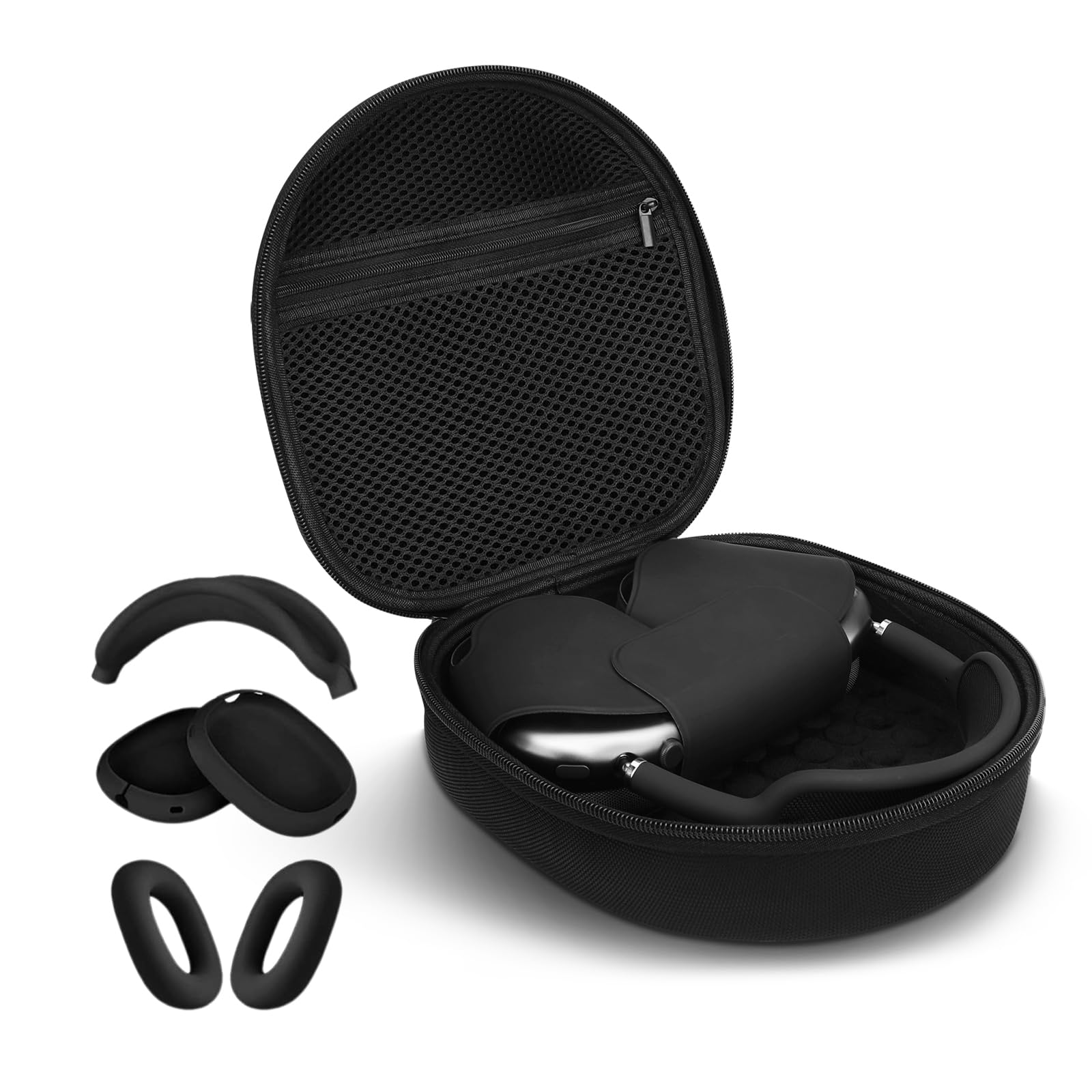 Photo 1 of 3 in 1 Silicone Cover and Case for Apple Airpods Max Headphones, AirPods Max Hard Case and Anti-Scratch Ear Pad Case/Ear Cups/Headband Covers Accessories (Black)