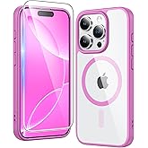 FNTCASE for iPhone 16 Pro Case: Clear Magnetic Phone Cases with Screen Protector Compatible with Magsafe Slim Anti Yellowing Rugged Shockproof Protective Transparent Cell Phone Cover (B-Pink)