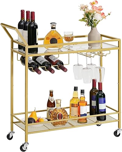 HOOBRO Gold Drinks Trolley Bar Cart with Wine Rack Glass Holders EGD11TC01