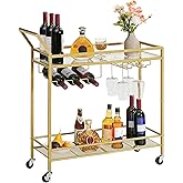 HOOBRO Bar Cart for The Home, 2-Tier Kitchen Cart with Wine Rack and Glass Holder, Serving Cart with Wheels and Guard Rails f