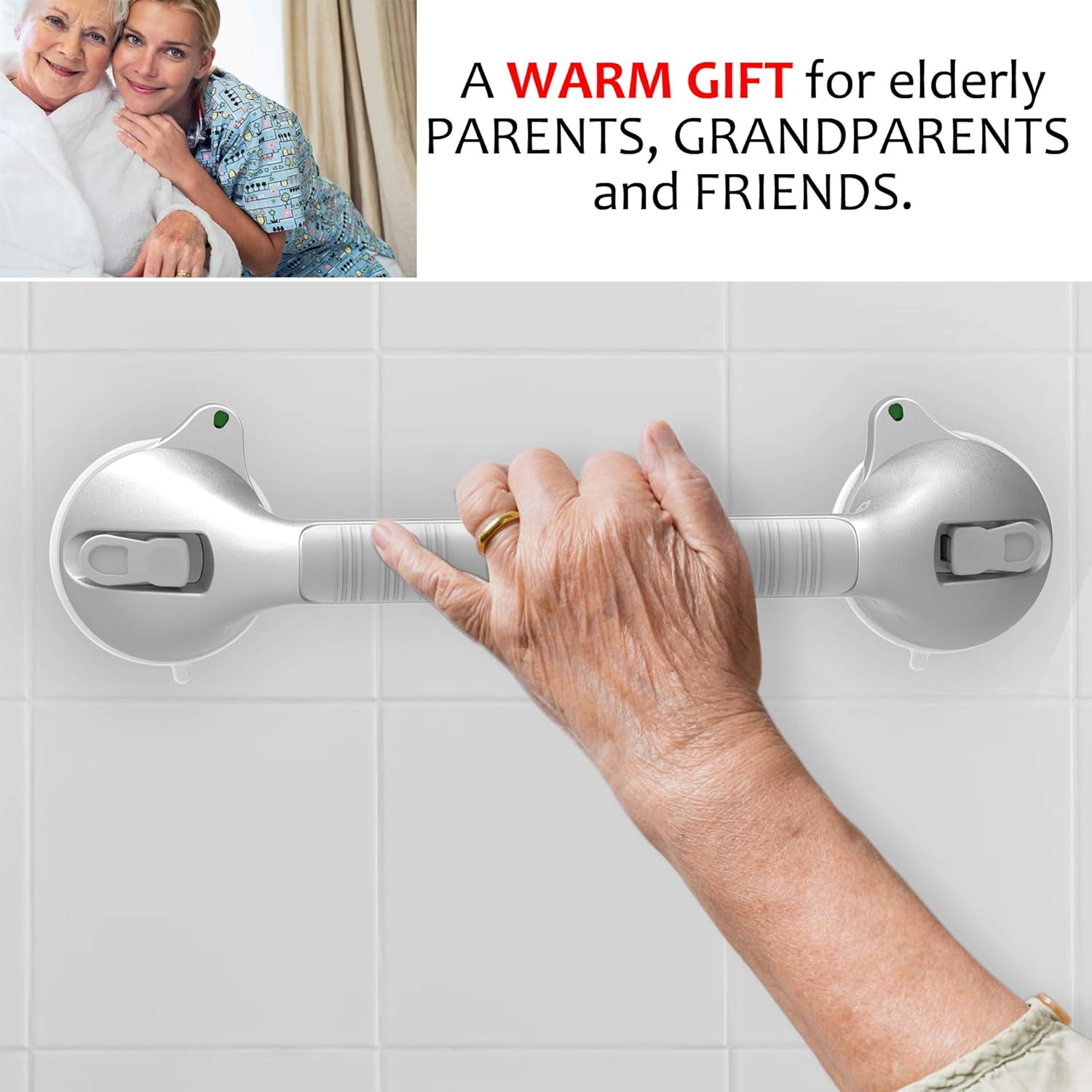 AmeriLuck Suction Bath Grab Bar 16.5" with Indicators, Bathroom Shower Handle (White, 2 Pack): Home & Kitchen