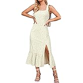 Newshows Womens 2025 Summer Beach Floral Midi Dress Spring Vacation Outfits Square Neck Ruffle Split Sundress