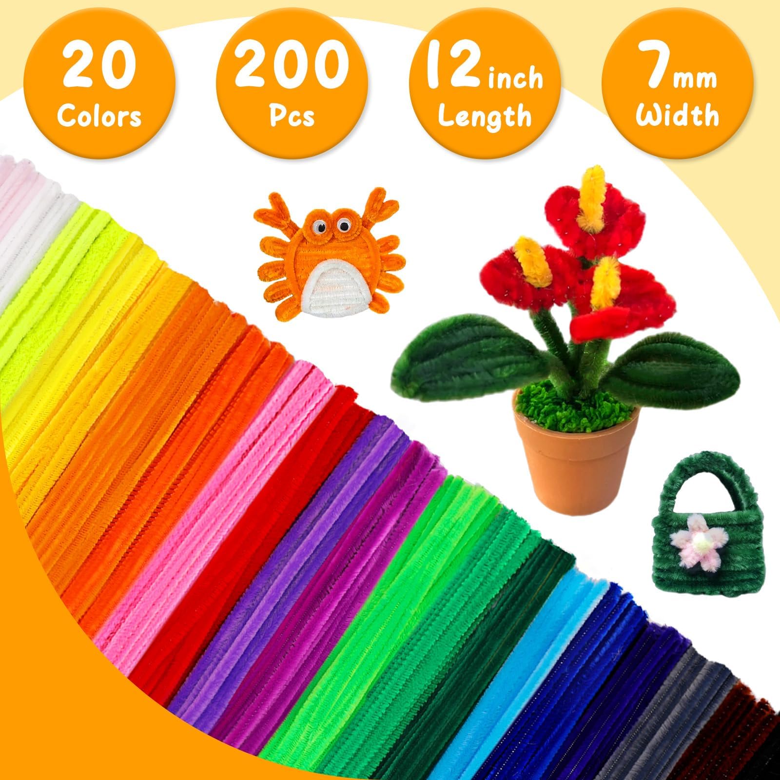 Mnuizu 200pcs Pipe Cleaners, Pipe Cleaners Craft, Multi-Color Chenille Stems for Craft, Multi-Color Fuzzy Sticks for DIY Art & Creative Crafts Decorations (20 Colors)