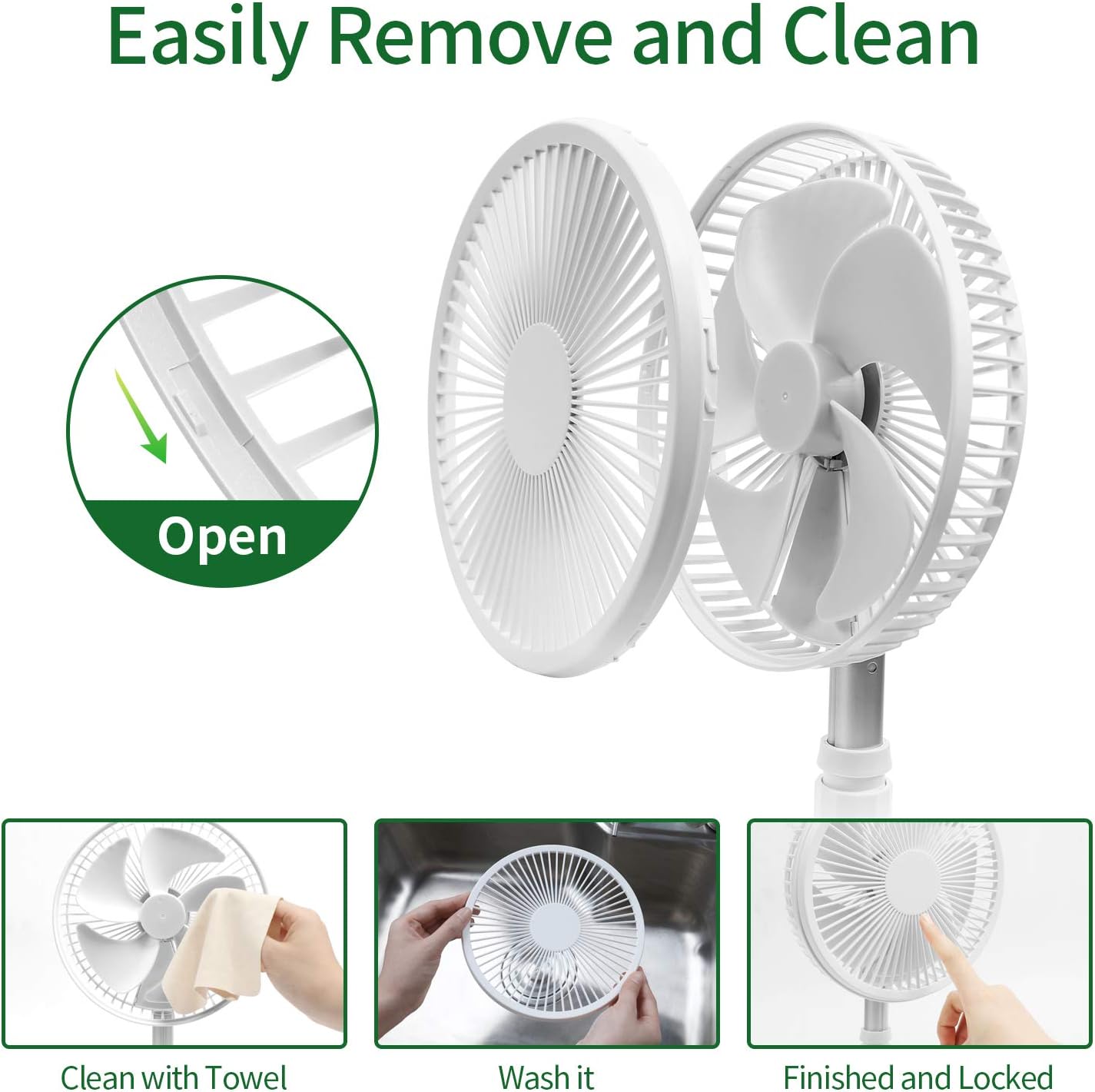 Foldaway Rechargeable Standing Fan Battery Operated 8'' for Camping, Fishing, home, Office, Outdoor Activities, 3 Speed Modes 7200 MAH with Folding Telescopic Link 39 Inch Height (WHITE): Kitchen & Dining