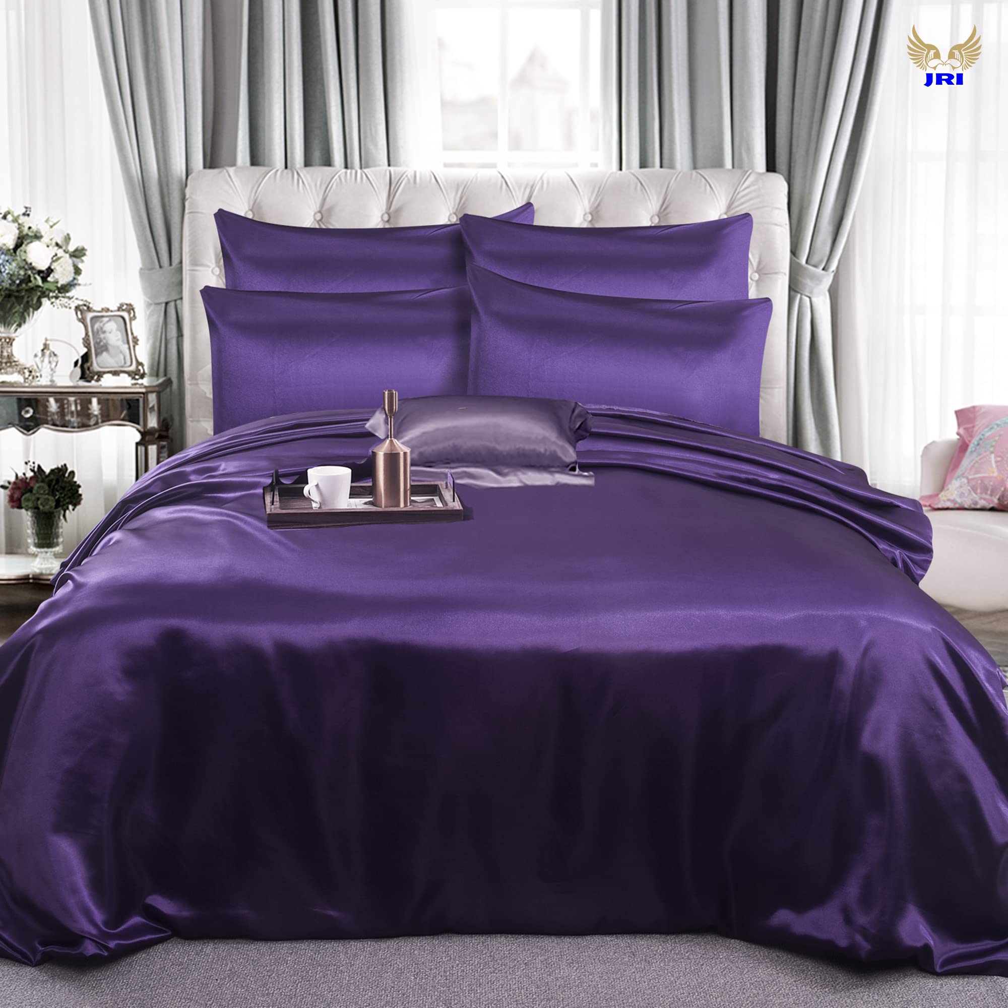 6PCS Satin Duvet Cover Bedding Set Plain Luxury Soft Bed Set Include (1xDuvet Cover, 1xFitted Sheet, 4xHousewife Pillow Case) (King, Aubergine)-(Same Day Dispatch) — image 1