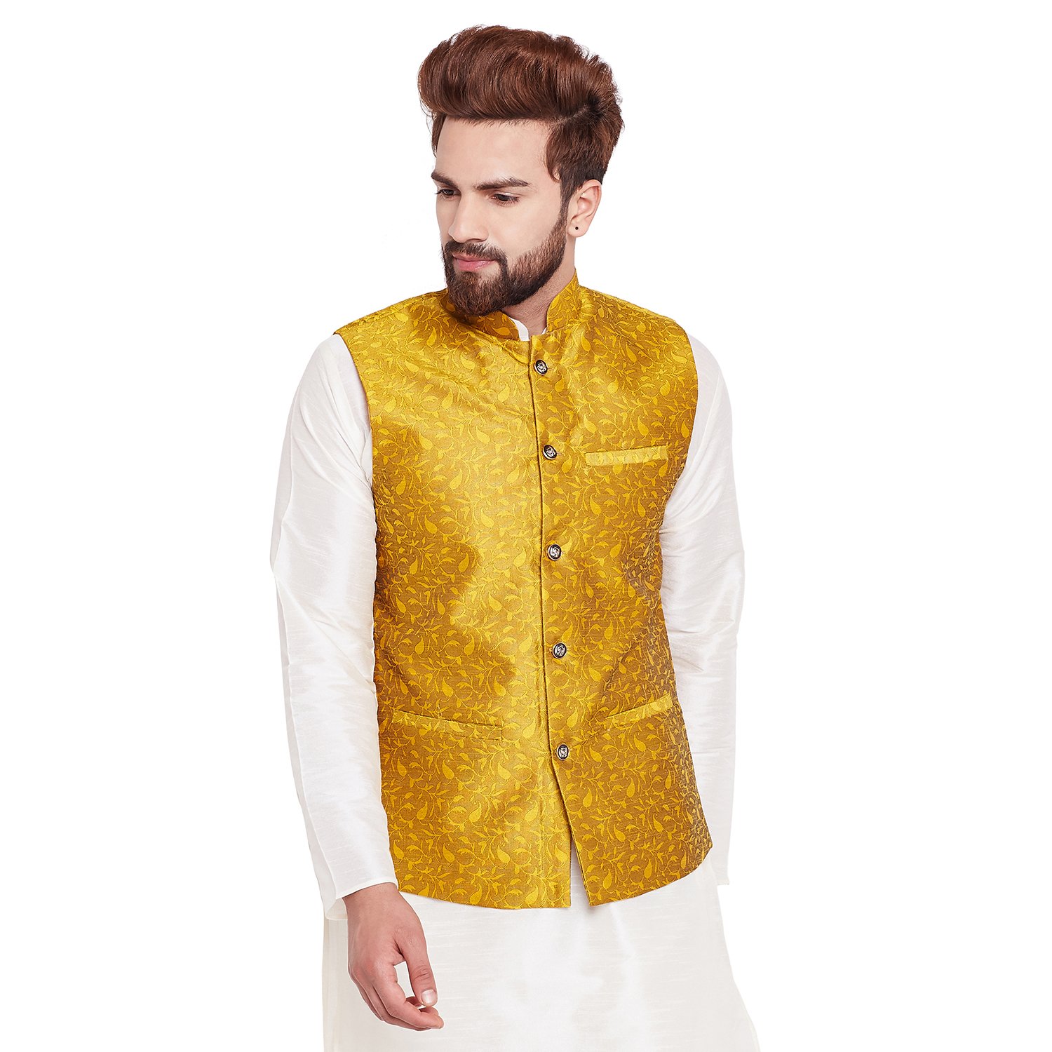 sojanya (since 1958) mens mustard jacquard silk designer only nehru jacket