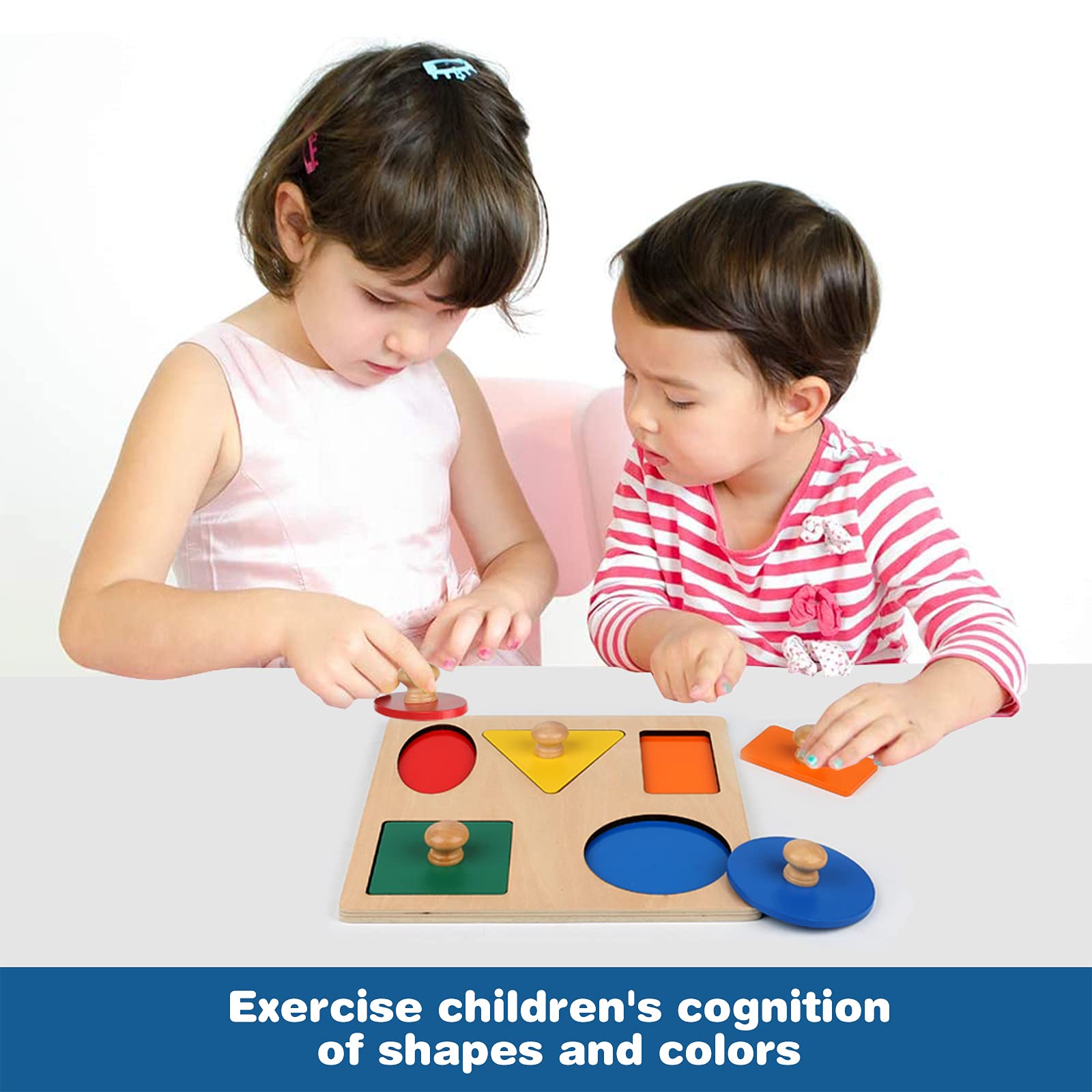 Montessori Wooden Puzzle Board Knob Wooden Puzzle Geometric Shape Puzzle Early Education Material Sensorial Toy for Toddler Shape & Color Sorter (5 Geometry Shape)