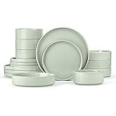Herogo 16 Piece Plates and Bowls Set, Porcelain Dinnerware Sets with Pasta Bowls, Kitchen Dinner Ware Dishes Service for 4, Chip & Scratch Resistant Dishware, Speckled Light Green