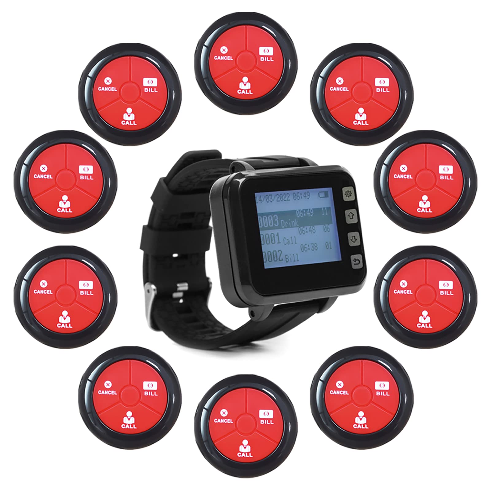 CYSSJF Wireless Calling System Restaurant Pagers Table Calling System, Waiter Calling System with 10 Waterproof Call Buttons and 1 Watch Receiver Suitable for Clinic，Restaurant, Cafes, Factory