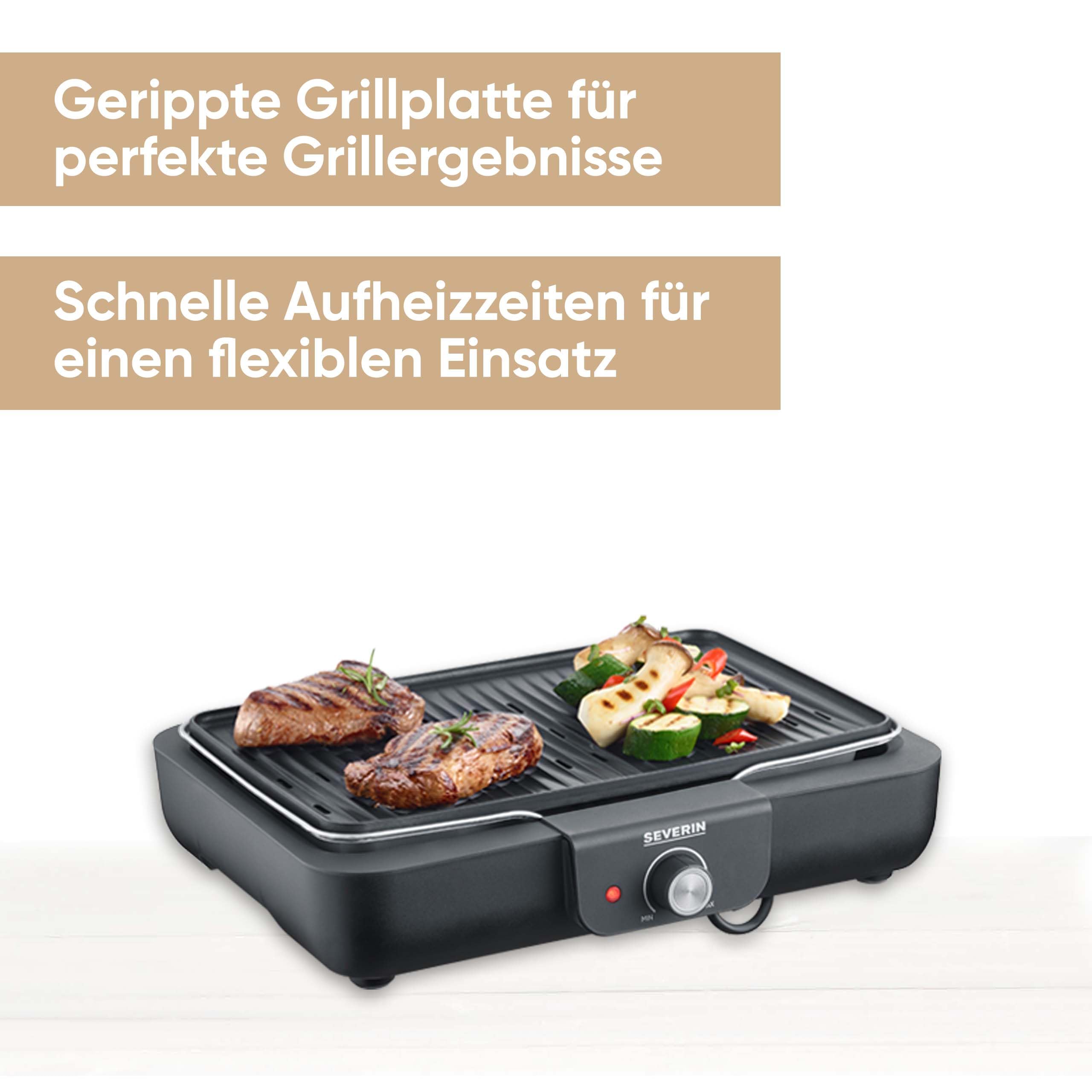 Severin Tischgrill mit Aluminium-Grillplatte, für drinnen und draußen, Alu-Druckgussplatte, Elektrogrill mit schnellem Grill-Start, einstellbar bis zu 230°C, 2.200 W, schwarz, PG 8556 2