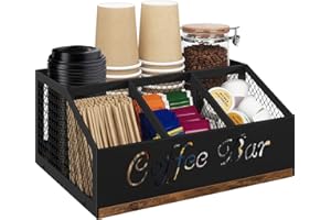 BCOZLUX Coffee Station Organizer, Rustic Brown Wooden Countertop Coffee Bar Accessories Organizer with Metal Mesh Compartments for Pods, Syrup, Cups, Stirrer, Tea