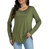 Rooscier Women's V Neck Long Sleeve Wrap Hem Button Casual Blouse Tunic Top