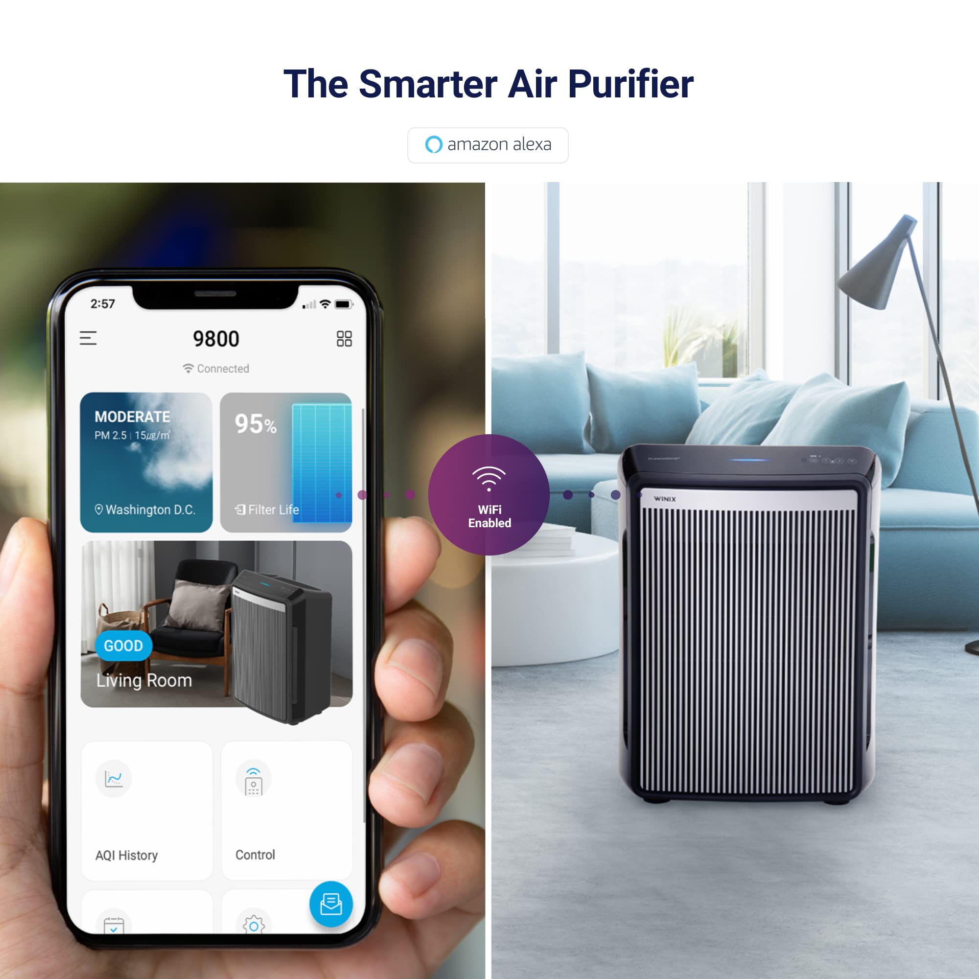 Winix 9800 4-Stage True Hepa Air Purifier with WiFi and PlasmaWave, 500 Sq Ft,Black,Large