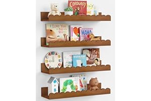 Harwaya Walnut Nursery Book Shelves Wall Set of 4, Dark Wood Scalloped Floating Bookshelf for Wall, Cloud Wooden Hanging Shelving Unit for Kids Bedroom Baby Child Toddler Room Kitchen (Walnut Brown)