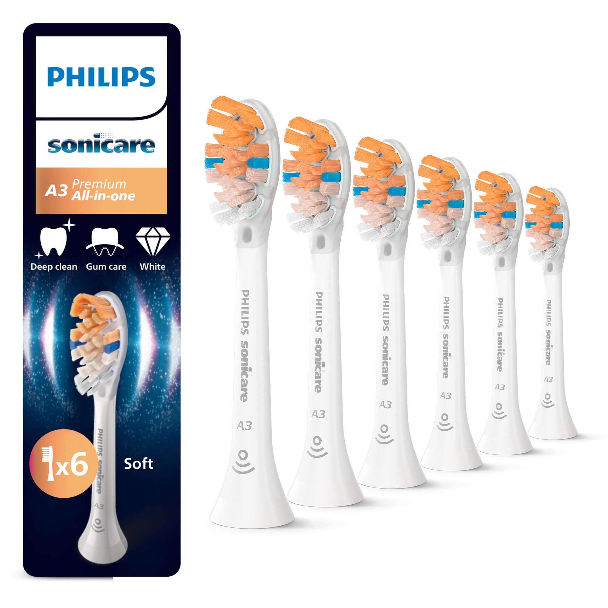 Philips Sonicare A3 Premium All-in-One - têtes de brosse à dents de rechange d'origine, blanc, lot de 6, HX9096/87