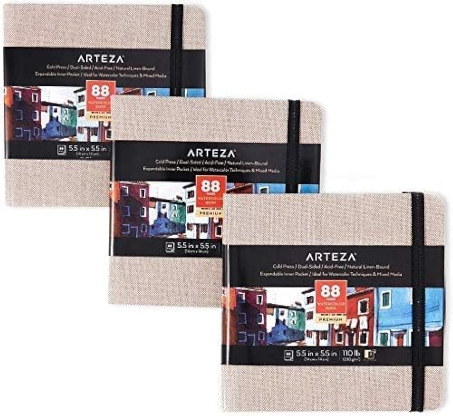 ARTEZA Watercolor Sketchbook, 3-Pack, 88 Pages Each, 5.5 x 5.5 Inches, Gray Hardcover, 110-Pound Paper Image