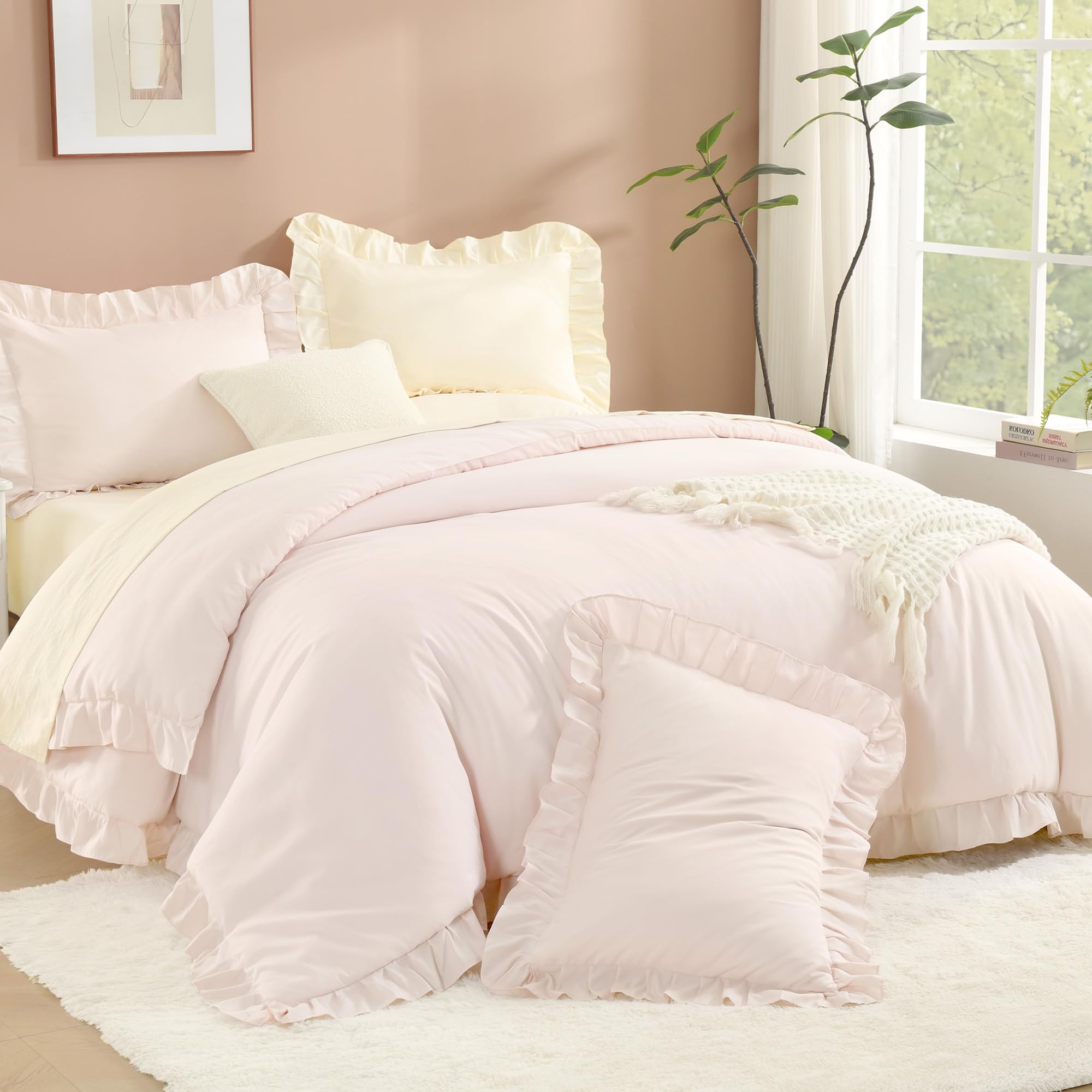 Litanika Light Pink Queen Comforter Set, 3 Pieces Ruffle Farmhouse Aesthetic Bedding Comforter Set, All Season Soft Lightweight Fluffy Microfiber Bed Set(90x90In Comforter, 2 Pillowcases) Image