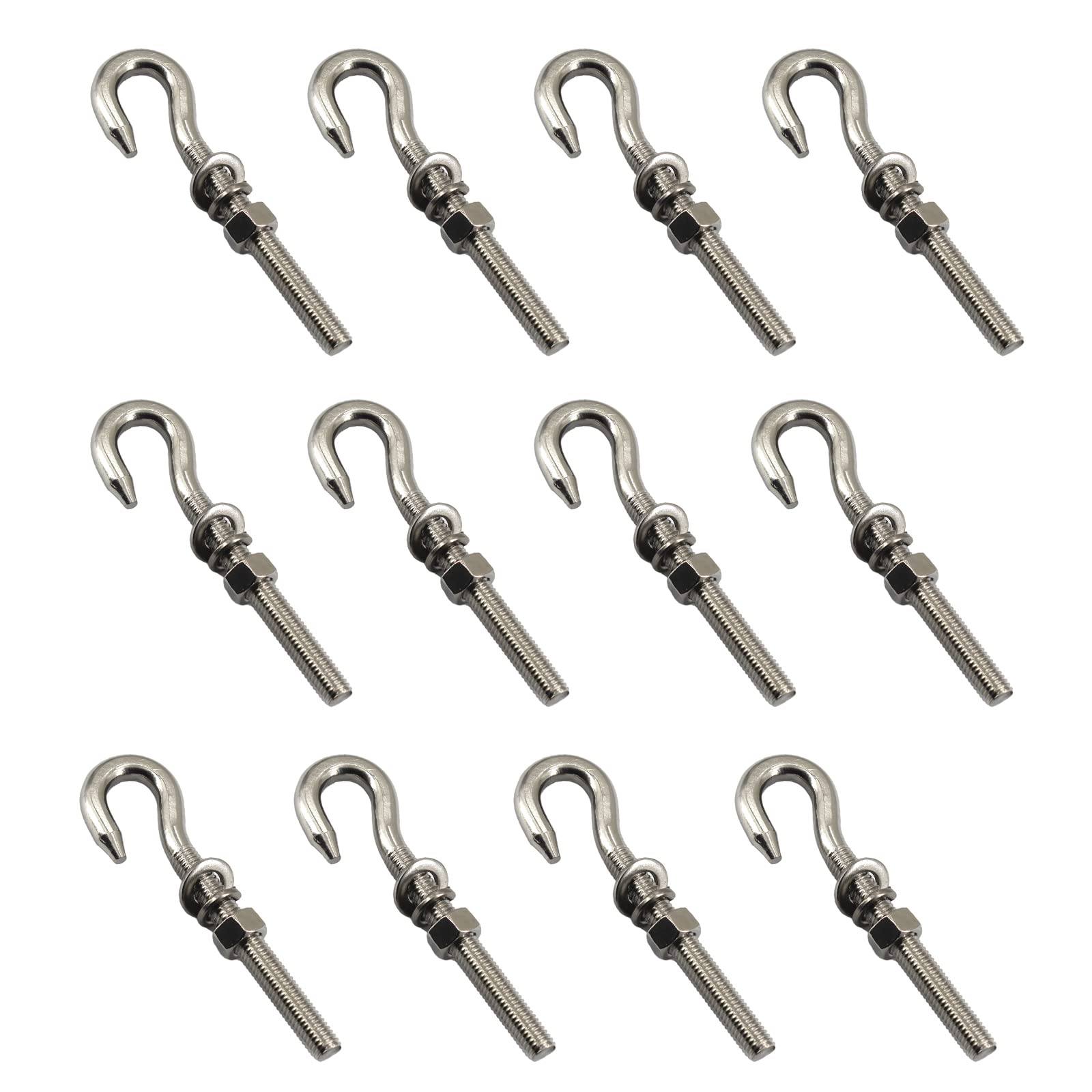 12Pcs M6 Stainless Steel Eye Bolt with Nut and Washers Long Shank Threaded Rod Round Hook Eyelet Bolt Screw
