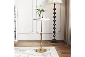 SYFERLORY Adjustable-Height Pedestal Drink Table, Antique Bronze Metal Plant Stand with Authentic Marble Oval Tabletop, Side Table for Small Spaces, Living Room, Bedroom, Balcony, and Hotel Lobbies (White)