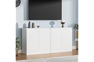 Housoul Buffet Cabinet with 4 Doors, Coffee Bar Cabinet with Adjustable Shelf, Modern Kitchen Buffet Sideboard for Living Room, Kitchen, White [2-Set]