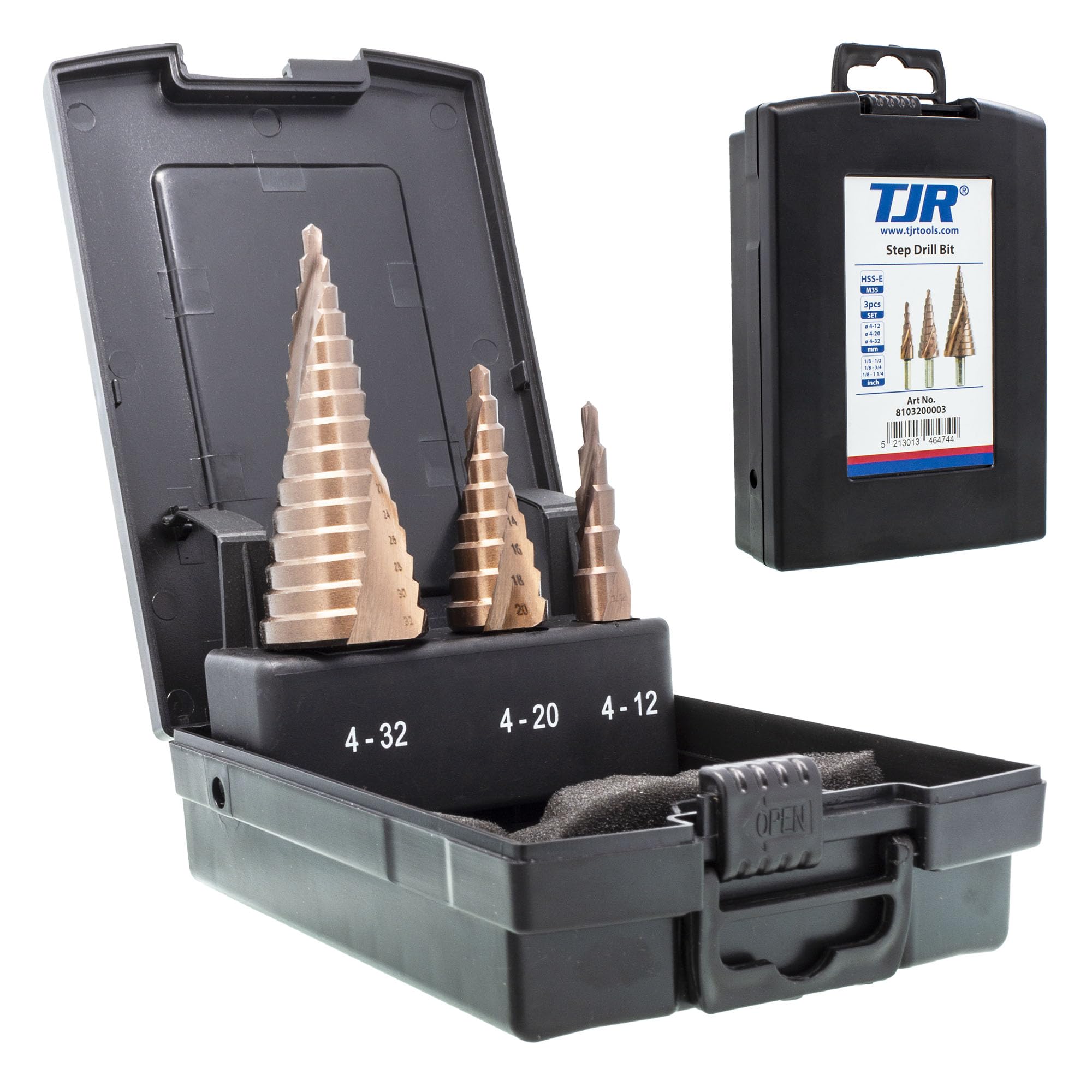 TJR® HSS-E M35 Cobalt Step Drill Bit Set, 3 Pcs, 2-fluted Spiral Grooved with 29 Step Sizes Total for Faster Drilling in Stainless Steel, Alloy steel, Non-ferrous metals, Wood, Plastics