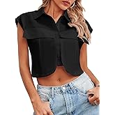 Tankaneo Womens Button Down Shirts Cute Summer Cap Sleeve Crop Tops Blouse
