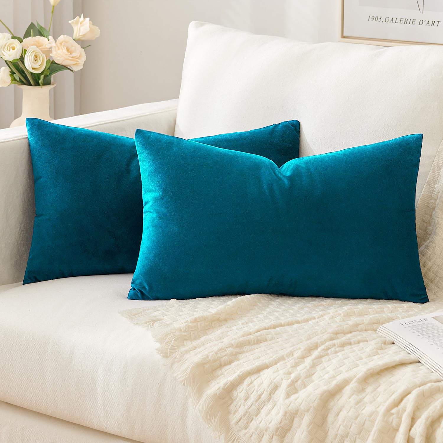 Slozzi Set of 2 Velvet Cushion Covers, Household Decorative Cushion Cover, Soft Sofa Cushion for Sofa, Bedroom, Living Room, 30 x 50 cm, Blue
