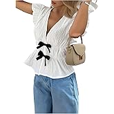 Verdusa Women's Bow Textured Ruffle Peplum Top Coquette Deep V Neck Cap Sleeve Dressy Blouse
