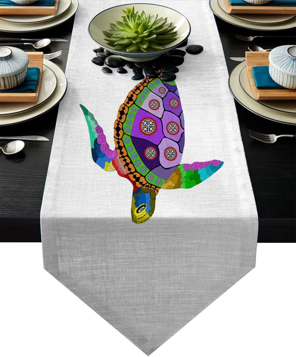 Fandim Fly Table Runner Colorful Sea Turtle Abstract Geometry Table Runners for Catering Events, Dinner Parties, Wedding, Indoor and Outdoor Parties, 13 x 90 Inch