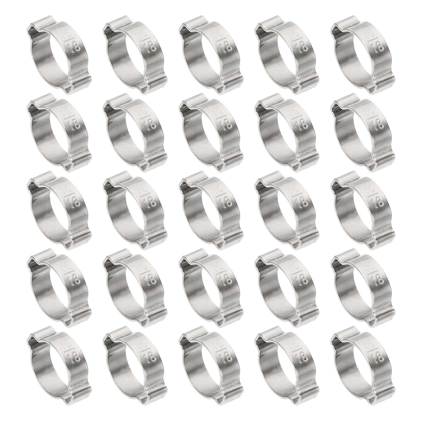 PATIKIL 30 Pack 15-18mm Double Ear Hose Clamp, 304 Stainless Steel O Clip Crimp Rings for Fuel Petrol Pipe Tube Fitting Connections, Silver Tone
