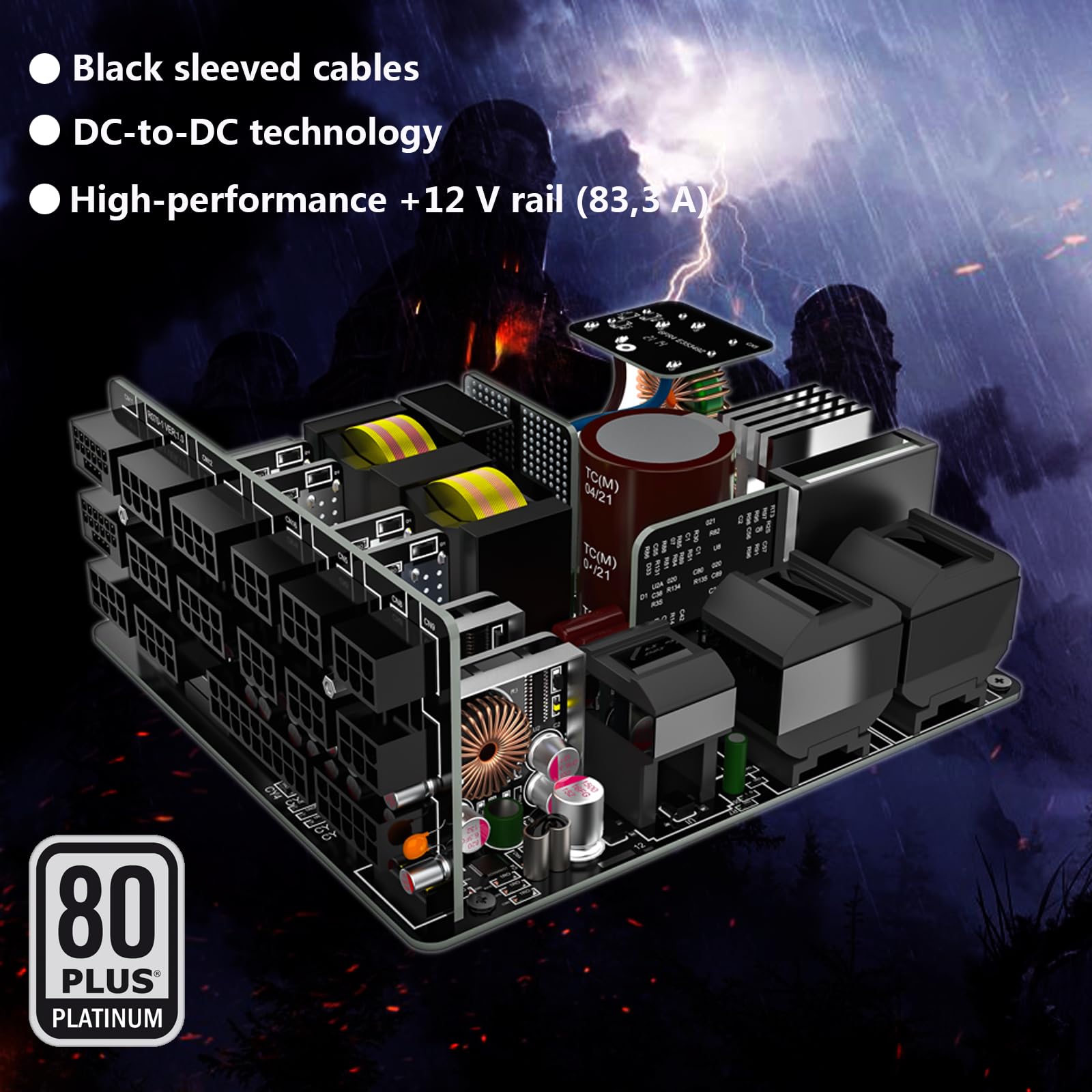LC-Power LC1000P V3.0 Netzteil EU Stecker, 1000W, 80 Plus Platinum Zertifiziert, vollmodulares ATX 3.0, unterstützt PCIe 5.0 GPU,135 mm Lüfter,Flachkabel 3