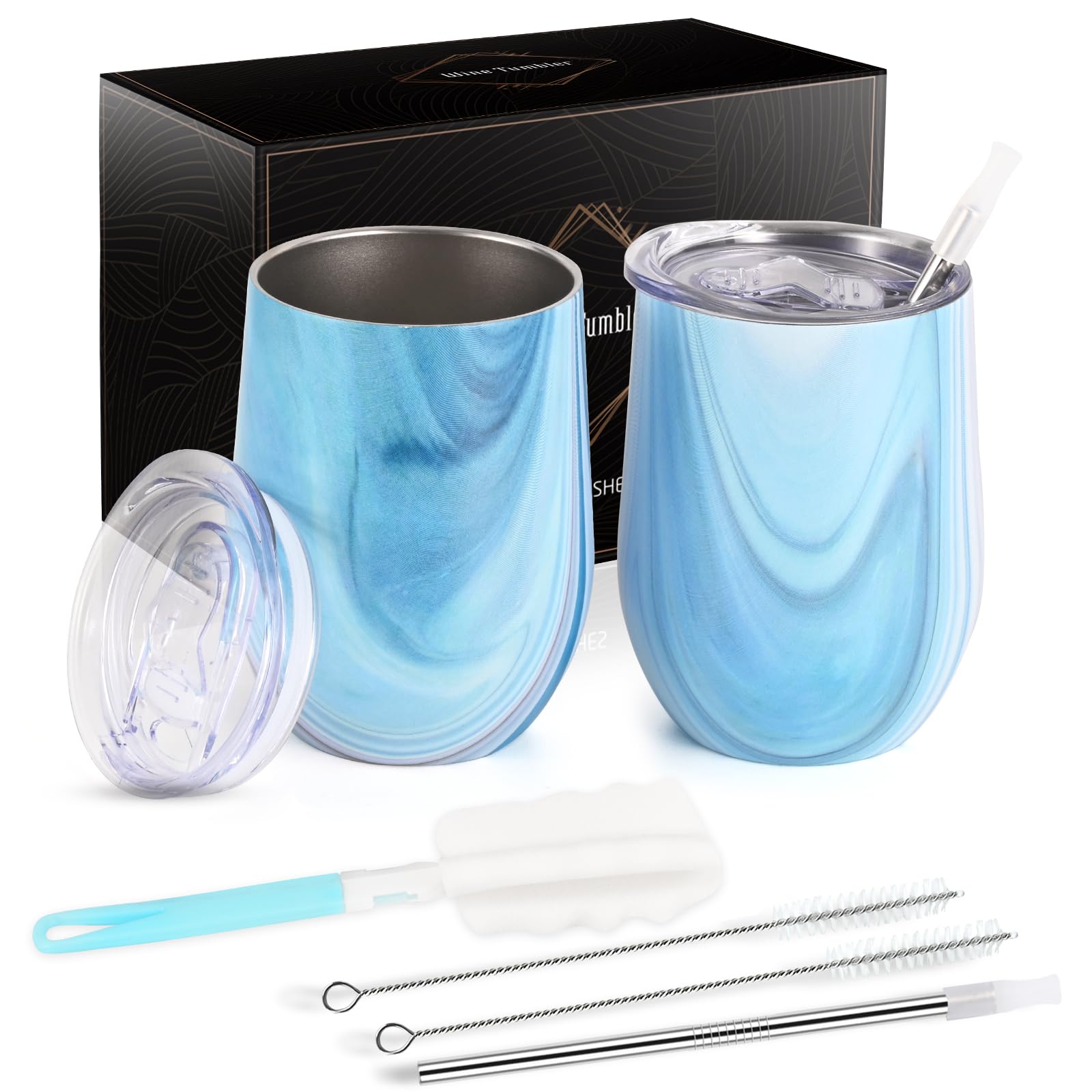 Joymaking 12oz Reusable Coffee Cup, 2 Pack Double Walled -Insulated Travel Mug Vacuum Stainless Steel Wine Tumbler with Spill Proof Lid, Great for Coffee, Tea, Milk and Wine, Blue Marble